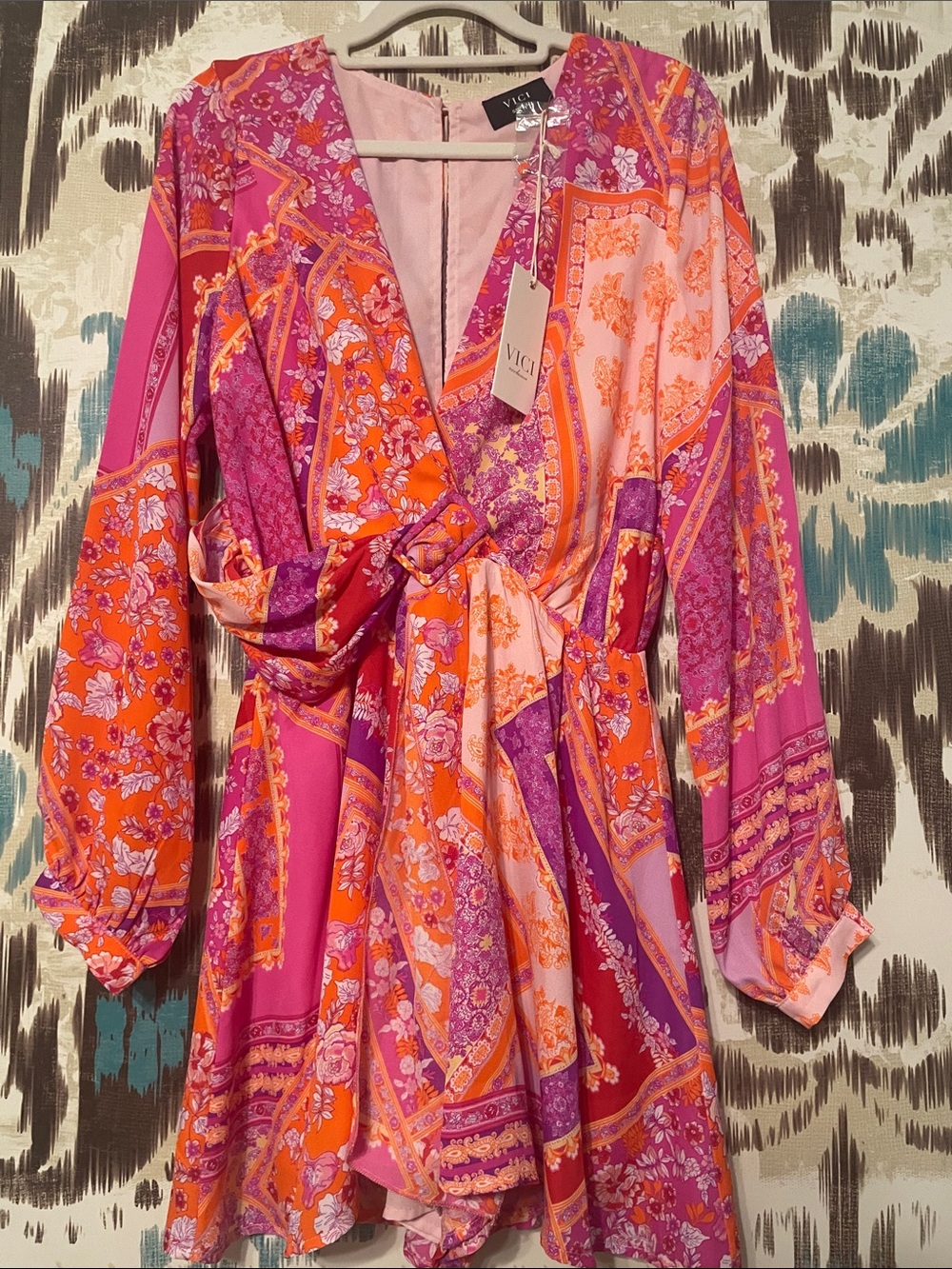 Vici Pink & Orange Floral Patchwork Wrap Romper